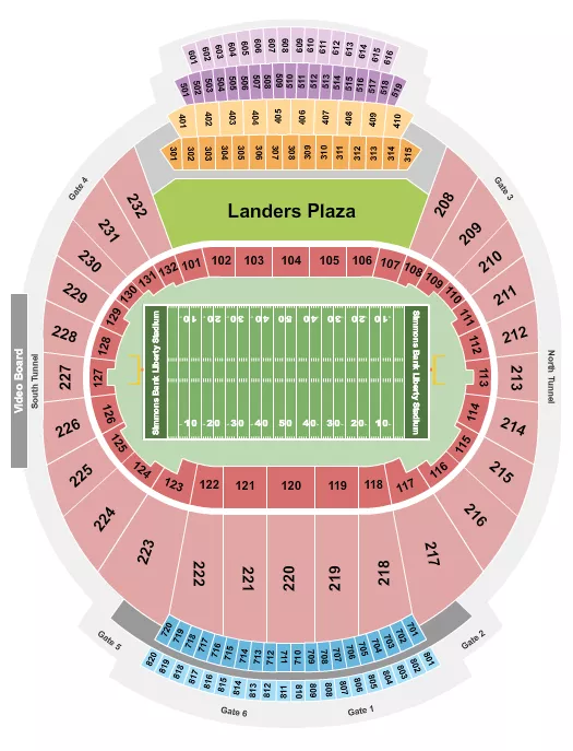 Football Seating Chart at Simmons Bank Liberty Stadium. The chart shows the main floor/stage with seating options surrounding it, which are color coded