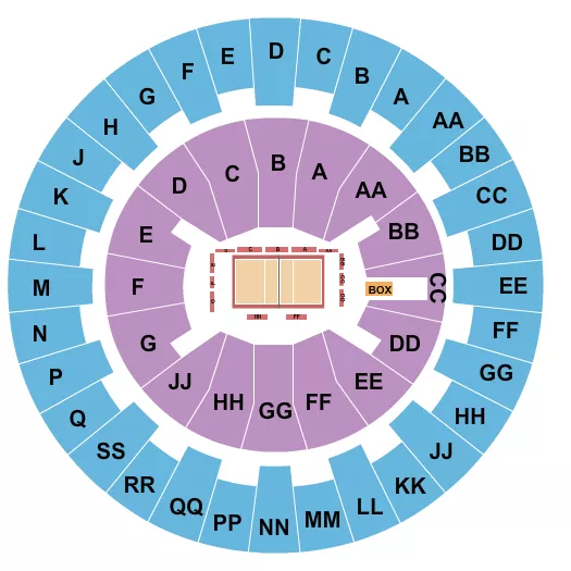 Volleyball Seating Chart at Bankoh Arena at Stan Sheriff Center. The chart shows the main floor/stage with seating options surrounding it, which are color coded
