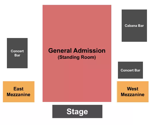 Endstage GA/Mezz Seating Chart at Skydeck on Broadway. The chart shows the main floor/stage with seating options surrounding it, which are color coded