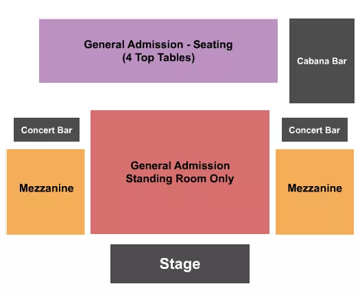 GA/Mezz/GA Tables Seating Chart at Skydeck on Broadway. The chart shows the main floor/stage with seating options surrounding it, which are color coded