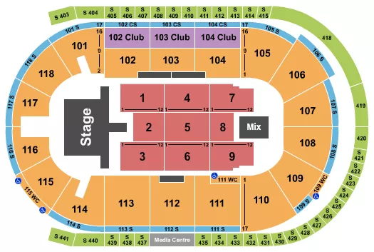 Bryan Adams 2 Seating Chart at Slush Puppie Place. The chart shows the main floor/stage with seating options surrounding it, which are color coded
