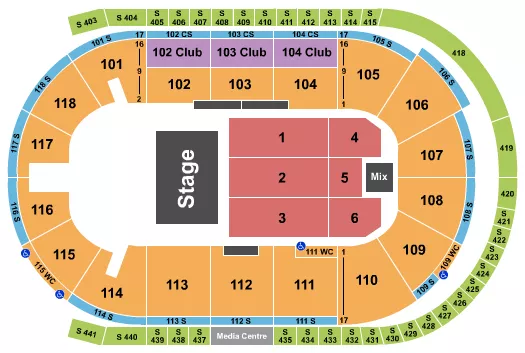 Endstage 4 Seating Chart at Slush Puppie Place. The chart shows the main floor/stage with seating options surrounding it, which are color coded