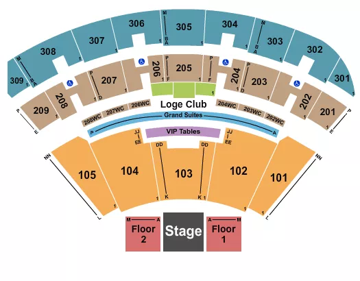 AEW Seating Chart at Smart Financial Centre. The chart shows the main floor/stage with seating options surrounding it, which are color coded