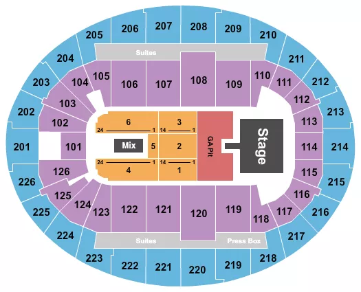 Creed Seating Chart at SNHU Arena. The chart shows the main floor/stage with seating options surrounding it, which are color coded