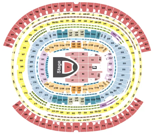 Blackpink Seating Chart at SoFi Stadium. The chart shows the main floor/stage with seating options surrounding it, which are color coded