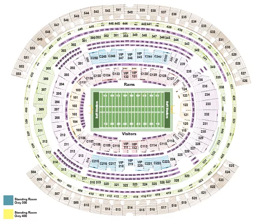 Football Rows - Rams Seating Chart at SoFi Stadium. The chart shows the main floor/stage with seating options surrounding it, which are color coded