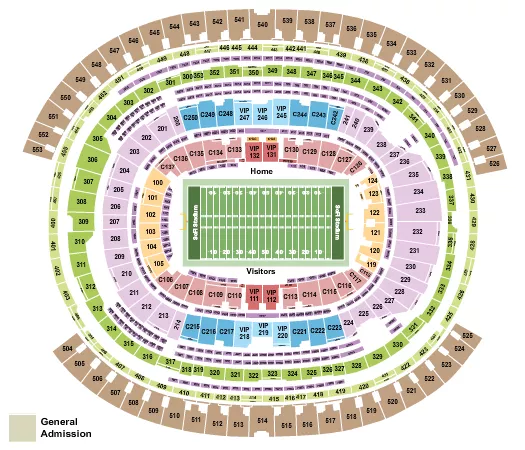 Football Rows Seating Chart at SoFi Stadium. The chart shows the main floor/stage with seating options surrounding it, which are color coded
