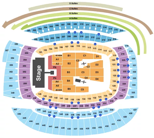 AC/DC Seating Chart at Soldier Field. The chart shows the main floor/stage with seating options surrounding it, which are color coded