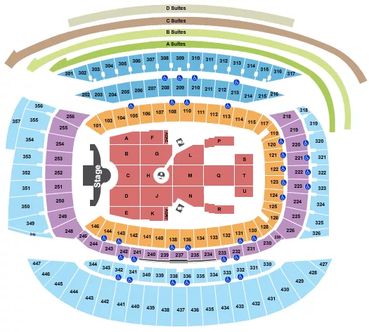 Ed Sheeran Seating Chart at Soldier Field. The chart shows the main floor/stage with seating options surrounding it, which are color coded