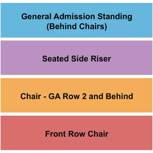 GA/Front Row/Chair/Side Riser Seating Chart at Soul Kitchen. The chart shows the main floor/stage with seating options surrounding it, which are color coded