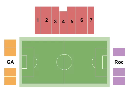 Soccer Seating Chart at South Field Stadium. The chart shows the main floor/stage with seating options surrounding it, which are color coded