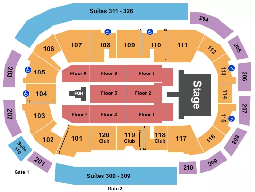 Bryan Adams Seating Chart at South Okanagan Events Centre. The chart shows the main floor/stage with seating options surrounding it, which are color coded