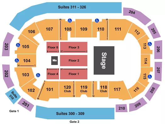 Cirque Musica Seating Chart at South Okanagan Events Centre. The chart shows the main floor/stage with seating options surrounding it, which are color coded