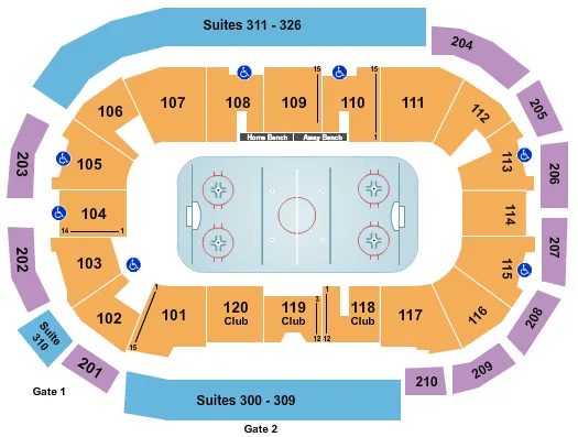 Hockey Seating Chart at South Okanagan Events Centre. The chart shows the main floor/stage with seating options surrounding it, which are color coded