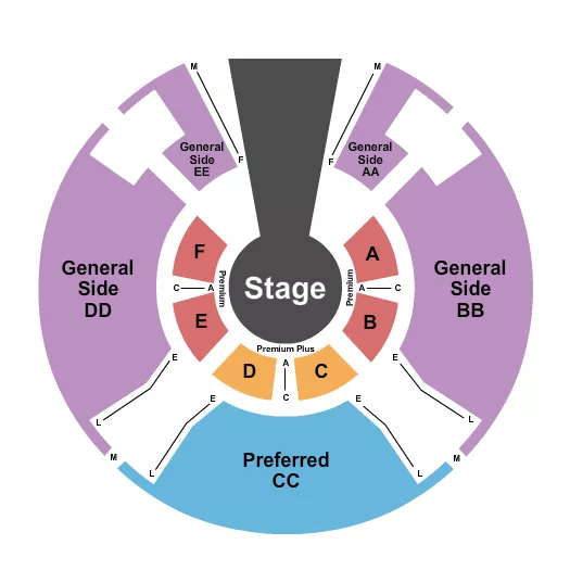Flip Circus Seating Chart at South Shore Plaza. The chart shows the main floor/stage with seating options surrounding it, which are color coded