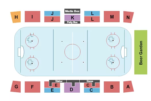 Hockey Seating Chart at South Surrey Arena. The chart shows the main floor/stage with seating options surrounding it, which are color coded