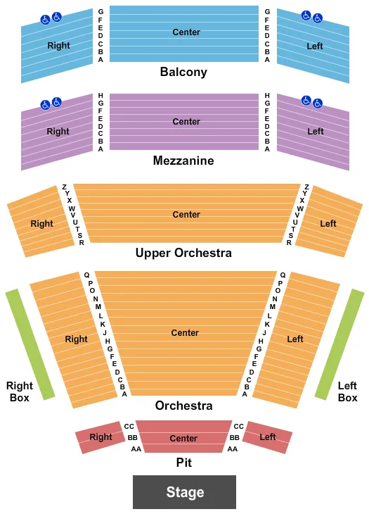 End Stage Seating Chart at Southern Kentucky Performing Arts Center. The chart shows the main floor/stage with seating options surrounding it, which are color coded