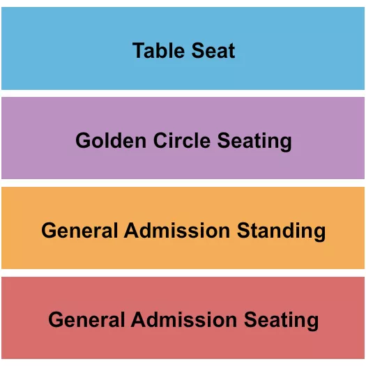 GA/GC/VIP 2 Seating Chart at Spanish Ballroom at McMenamins Elks Temple. The chart shows the main floor/stage with seating options surrounding it, which are color coded