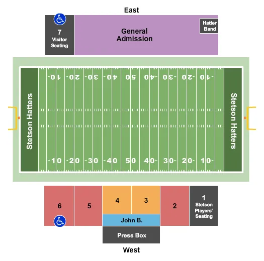 Football 2020 Seating Chart at Spec Martin Municipal Stadium. The chart shows the main floor/stage with seating options surrounding it, which are color coded