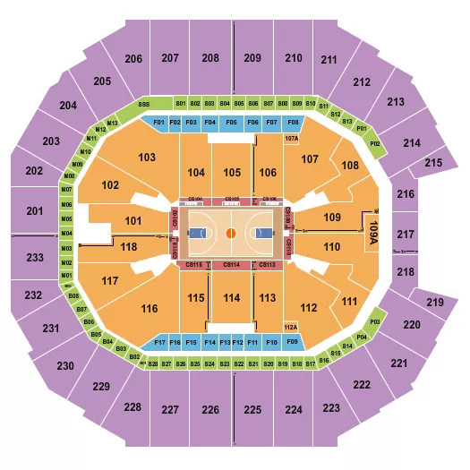 Basketball Seating Chart at Spectrum Center. The chart shows the main floor/stage with seating options surrounding it, which are color coded