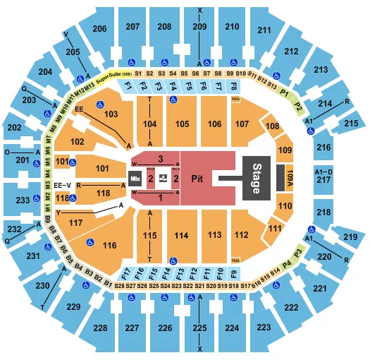 Alex Warren Seating Chart at Spectrum Center. The chart shows the main floor/stage with seating options surrounding it, which are color coded
