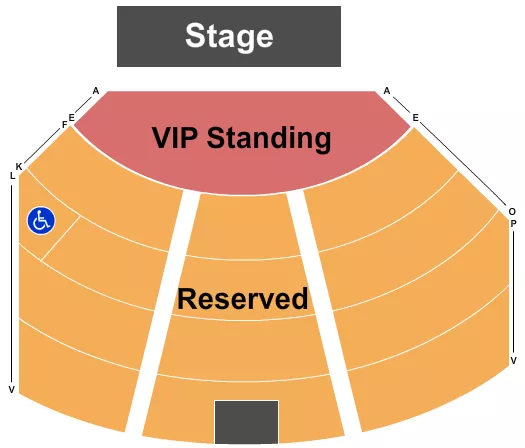 Endstage VIP Standing/Reserved Seating Chart at Spirit Lake Casino & Resort. The chart shows the main floor/stage with seating options surrounding it, which are color coded