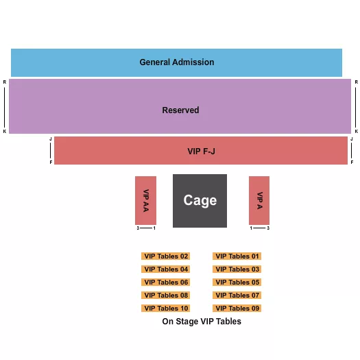 MMA 2 Seating Chart at Spirit Lake Casino & Resort. The chart shows the main floor/stage with seating options surrounding it, which are color coded