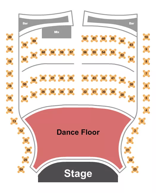 Dancefloor & VIP Seating Chart at Sport of Kings Theatre. The chart shows the main floor/stage with seating options surrounding it, which are color coded