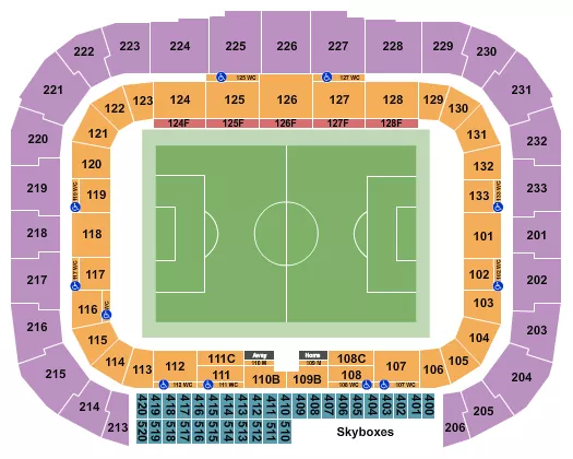 Soccer Seating Chart at Sports Illustrated Stadium. The chart shows the main floor/stage with seating options surrounding it, which are color coded