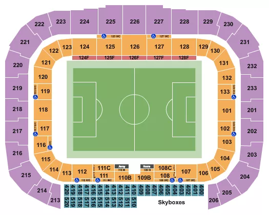 Soccer Seating Chart at Sports Illustrated Stadium. The chart shows the main floor/stage with seating options surrounding it, which are color coded