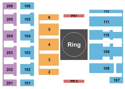 Wrestling Seating Chart at Maturi Pavilion. The chart shows the main floor/stage with seating options surrounding it, which are color coded