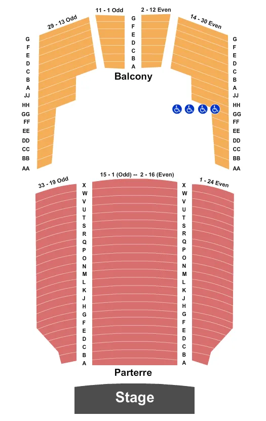 Endstage Seating Chart at Theatre St Denis. The chart shows the main floor/stage with seating options surrounding it, which are color coded