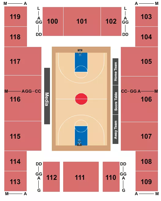 Basketball Seating Chart at Saint Joseph Civic Arena. The chart shows the main floor/stage with seating options surrounding it, which are color coded