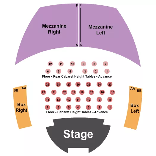 Endstage Cabaret Seating Chart at Stable Hall. The chart shows the main floor/stage with seating options surrounding it, which are color coded