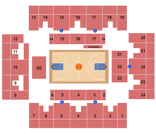 Basketball Seating Chart at Stabler Arena. The chart shows the main floor/stage with seating options surrounding it, which are color coded