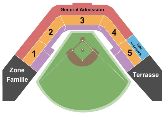 Baseball Seating Chart at Stade CANAC. The chart shows the main floor/stage with seating options surrounding it, which are color coded