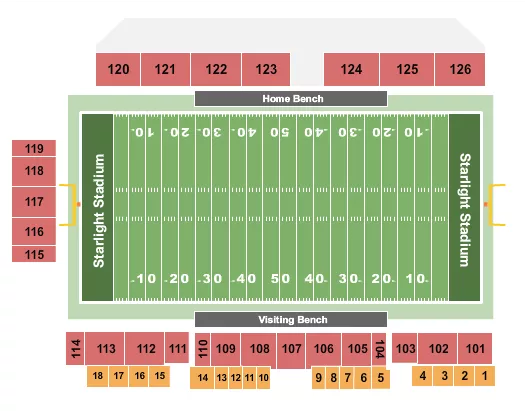 Football 2 Seating Chart at Starlight Stadium. The chart shows the main floor/stage with seating options surrounding it, which are color coded