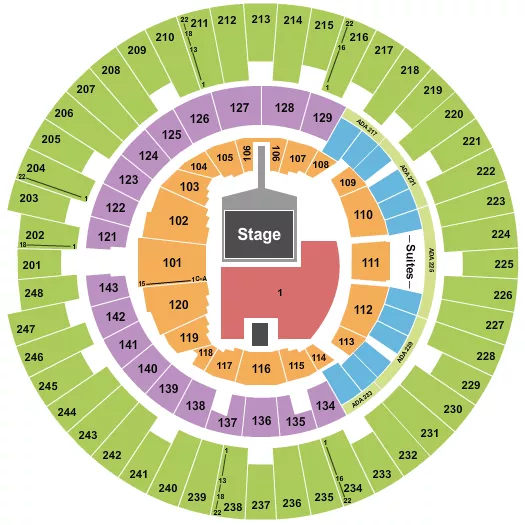 Endstage - Catwalk Seating Chart at State Farm Center. The chart shows the main floor/stage with seating options surrounding it, which are color coded