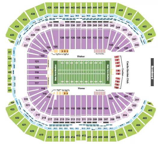 Football RW 2 Seating Chart at State Farm Stadium. The chart shows the main floor/stage with seating options surrounding it, which are color coded