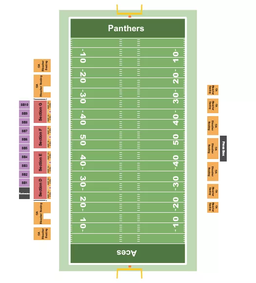 Football Seating Chart at Steele Stadium. The chart shows the main floor/stage with seating options surrounding it, which are color coded