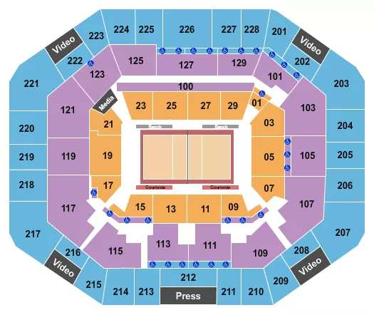 Volleyball 3 Seating Chart at Exactech Arena at The Stephen C. O'Connell Center. The chart shows the main floor/stage with seating options surrounding it, which are color coded