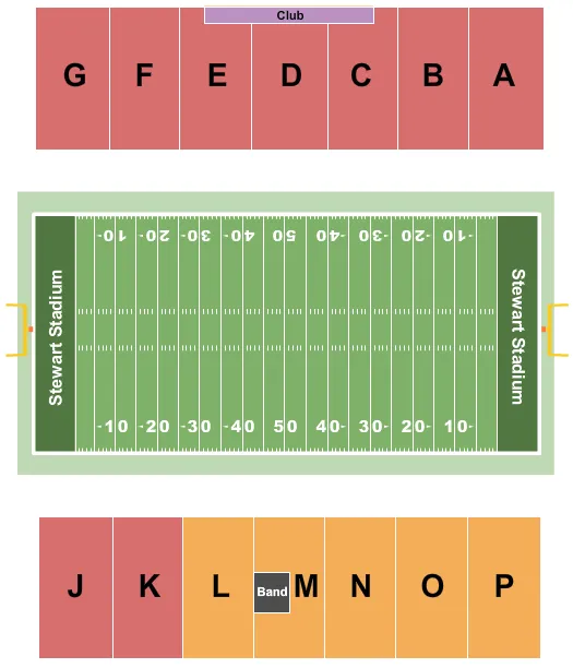 Football Seating Chart at Stewart Stadium. The chart shows the main floor/stage with seating options surrounding it, which are color coded