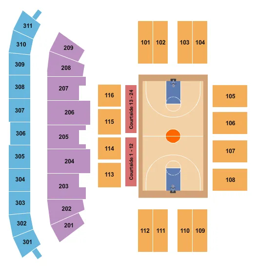 Basketball Seating Chart at Stockwell Jadwin Gymnasium. The chart shows the main floor/stage with seating options surrounding it, which are color coded