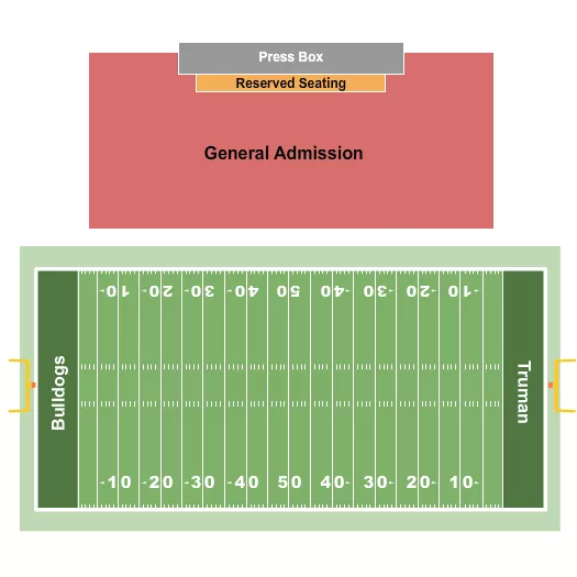 Football Seating Chart at Stokes Stadium. The chart shows the main floor/stage with seating options surrounding it, which are color coded