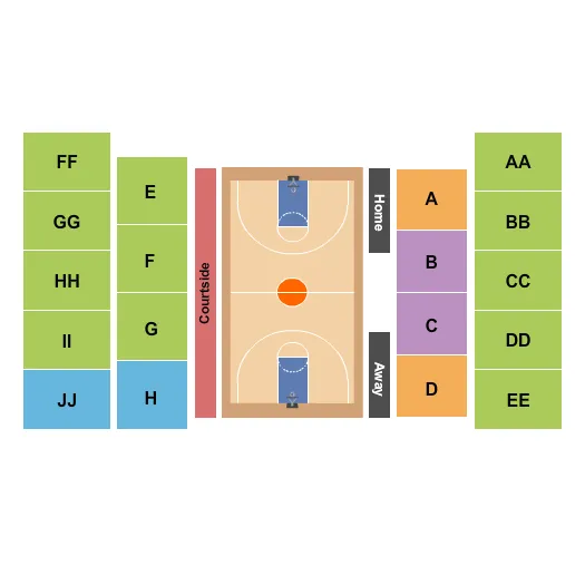 Basketball Seating Chart at Stopher Gymnasium. The chart shows the main floor/stage with seating options surrounding it, which are color coded