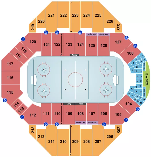 Hockey Seating Chart at Landon Arena At Stormont Vail Events Center. The chart shows the main floor/stage with seating options surrounding it, which are color coded