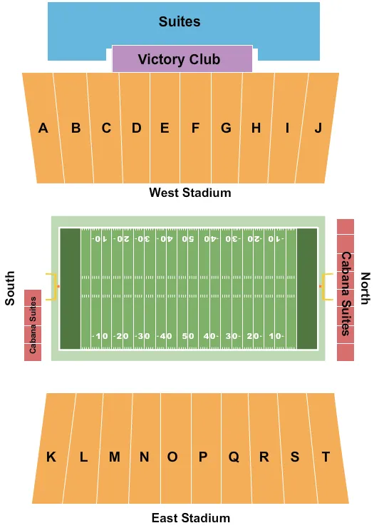 Football Seating Chart at Strawberry Stadium. The chart shows the main floor/stage with seating options surrounding it, which are color coded