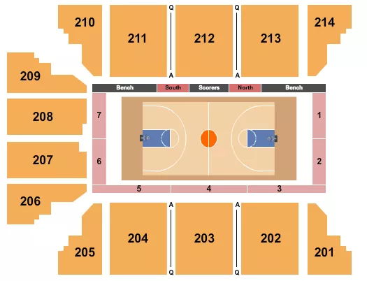 Basketball Seating Chart at Stride Bank Center. The chart shows the main floor/stage with seating options surrounding it, which are color coded