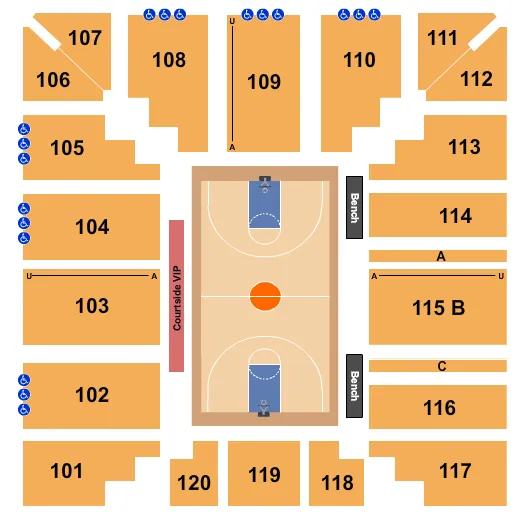 Basketball Seating Chart at Stroh Center. The chart shows the main floor/stage with seating options surrounding it, which are color coded