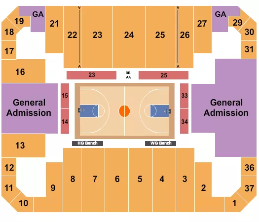 Basketball- Globetrotters 2 Seating Chart at Stuart C. Siegel Center. The chart shows the main floor/stage with seating options surrounding it, which are color coded